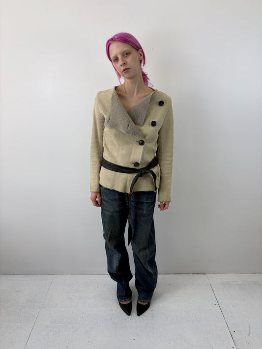 asymmetrical belted shearling jacket