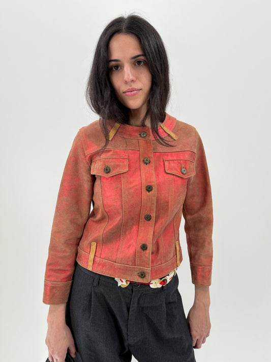 red metallic leather jacket